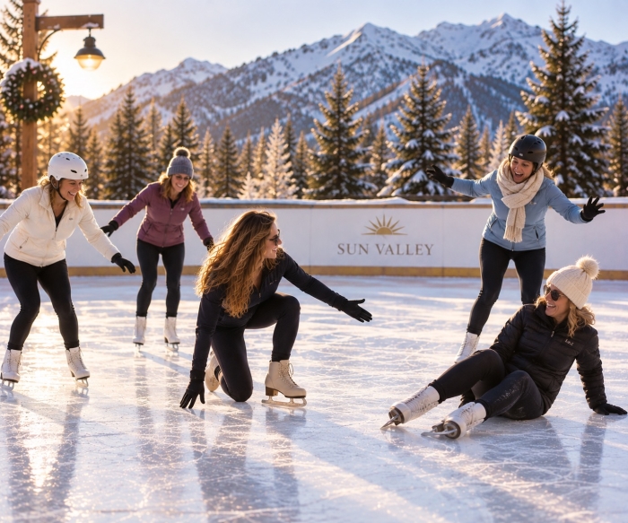 Retreat imagery of women enjoying ice skating together in a mountain setting