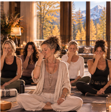 Retreat imagery of women practicing conscious breath together