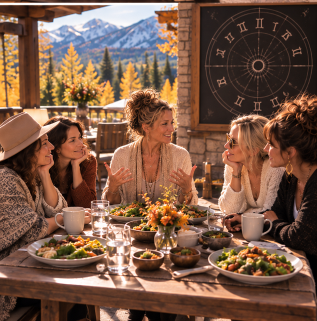 Retreat imagery of women exploring astrology and sharing a meal