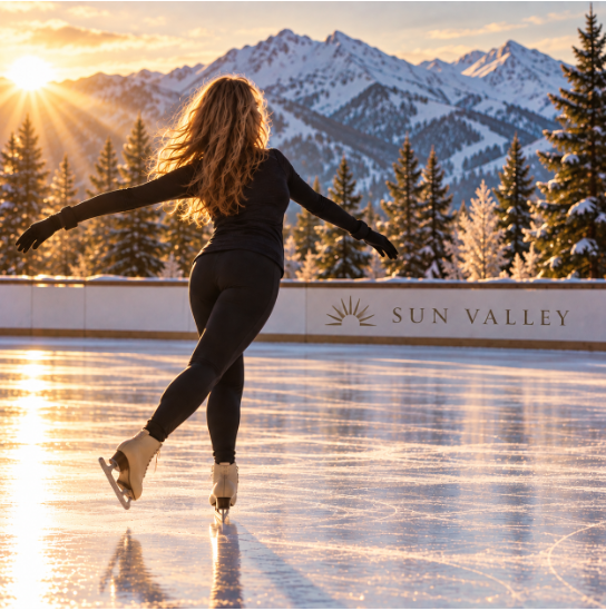 Retreat imagery of a woman gliding on an outdoor ice rink with mountains in the distance